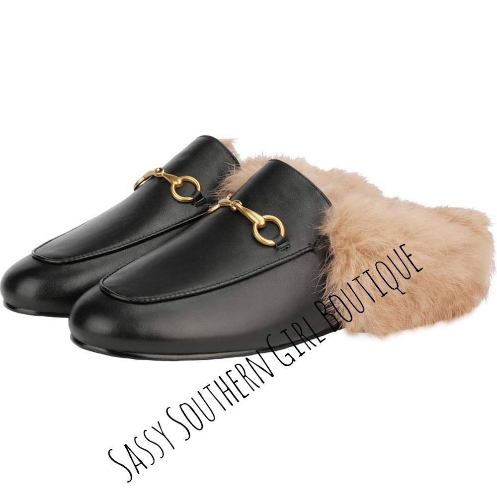 🆕⭐ Black real fur horsebit muel slides